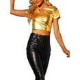 thumbnail image 1 of INSPIRE CHIC Metallic Crop Tops for Women's Keyhole Short Sleeve Halloween Party Shiny Holographic Top M Gold, 1 of 5
