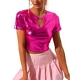 thumbnail image 1 of INSPIRE CHIC Metallic Crop Tops for Women's Keyhole Short Sleeve Halloween Party Shiny Holographic Top M Rose Red, 1 of 5