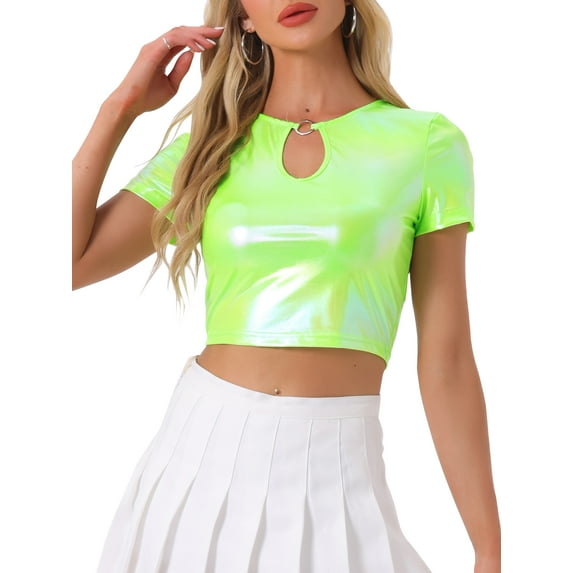 INSPIRE CHIC Metallic Crop Tops for Women's Keyhole Short Sleeve Halloween Party Shiny Holographic Top XL Grass Green