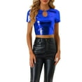 thumbnail image 1 of INSPIRE CHIC Metallic Crop Tops for Women's Keyhole Short Sleeve Halloween Party Shiny Holographic Top XS Blue, 1 of 5