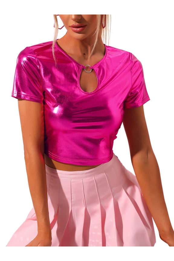 Metallic Crop Tops for Women's Keyhole Short Sleeve Halloween Party Shiny Holographic Top XS Rose Red