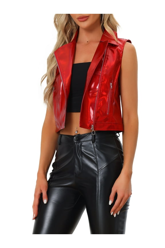 Women's Metallic Faux Leather Lapel Collar Sleeveless Zip Cropped Vest L Red