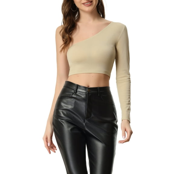 INSPIRE CHIC Women's Metallic Glitter One Shoulder Long Sleeve Crop Top S Beige