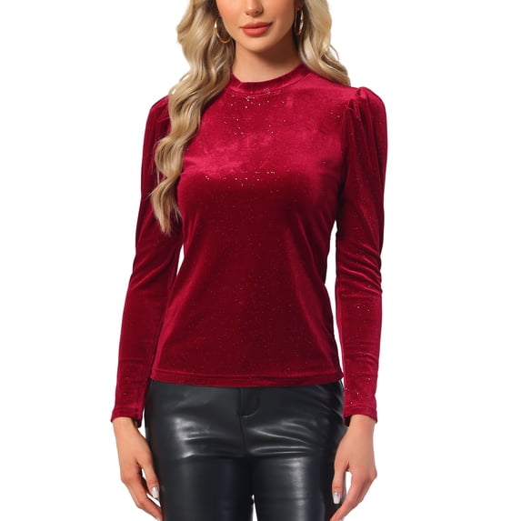 INSPIRE CHIC Women's Metallic Glitter Velvet Mock Neck Puff Long Sleeve Blouse Top M Burgundy