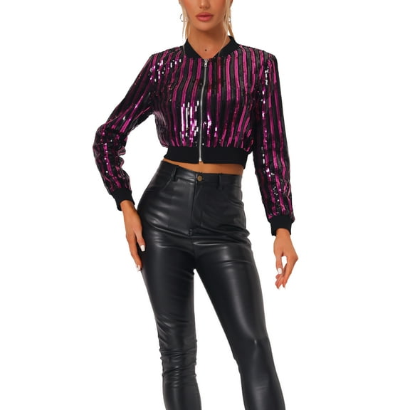 INSPIRE CHIC Women's  Metallic Long Sleeve Stand Collar Zipper Cropped Bomber Jacket M Fushcia