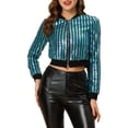 thumbnail image 1 of INSPIRE CHIC Women's  Metallic Long Sleeve Stand Collar Zipper Cropped Bomber Jacket S Blue, 1 of 6