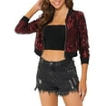 thumbnail image 1 of INSPIRE CHIC Women's  Metallic Long Sleeve Stand Collar Zipper Cropped Bomber Jacket S Wine Red, 1 of 6