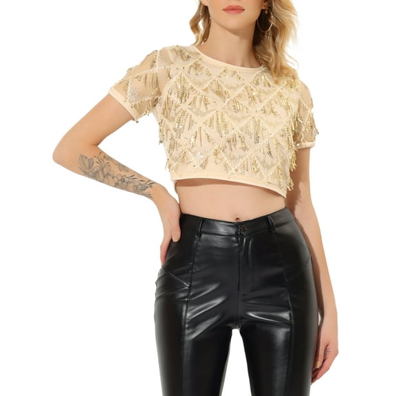 INSPIRE CHIC Women's Metallic Pattern Short Sleeves Party Crop T-Shirt M Gold