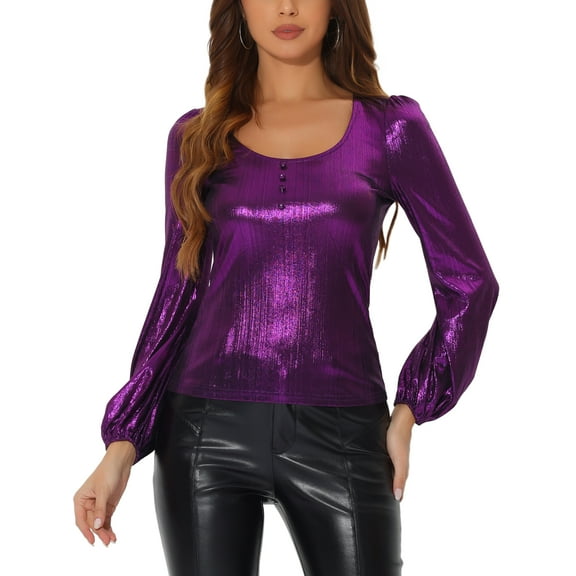 INSPIRE CHIC Women's Metallic Shimmer Glitter Bishop Sleeve Scoop Neck Party Top Shirt S Purple