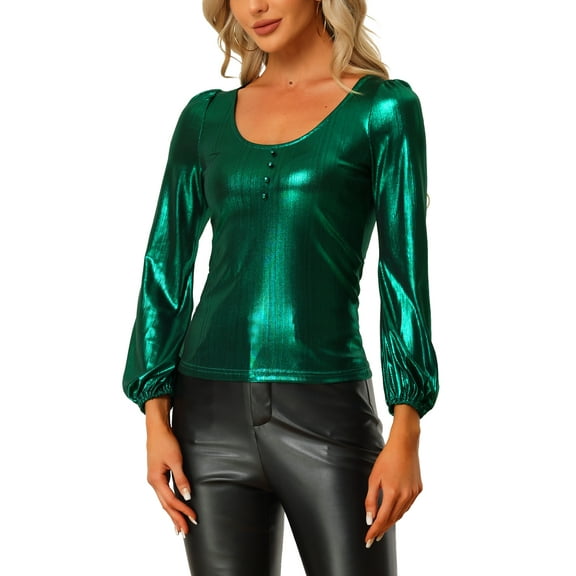 INSPIRE CHIC Women's Metallic Shimmer Glitter Bishop Sleeve Scoop Neck Party Top Shirt XL Green