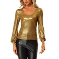 thumbnail image 1 of INSPIRE CHIC Women's Metallic Shimmer Glitter Bishop Sleeve Scoop Neck Party Top Shirt XS Dark Gold, 1 of 6