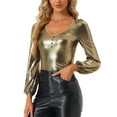 thumbnail image 1 of INSPIRE CHIC Women's Metallic Shimmer Glitter Bishop Sleeve Scoop Neck Party Top Shirt XS Gold, 1 of 6