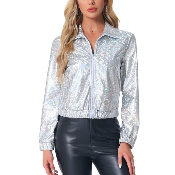 INSPIRE CHIC Women's Holographic Shiny Party Long Sleeve Lightweight Zipper Metallic Jacket S Rainbow Silver