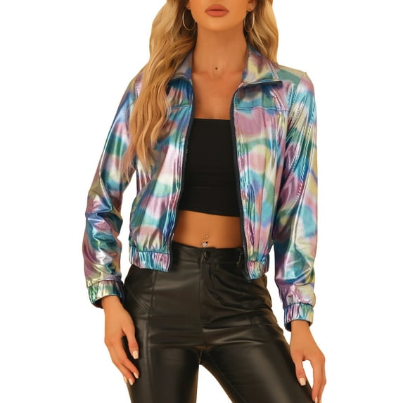 INSPIRE CHIC Women's Holographic Shiny Party Long Sleeve Lightweight Zipper Metallic Jacket S Rainbow