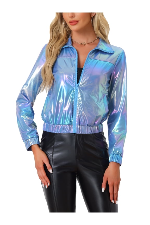 Women's Holographic Shiny Party Long Sleeve Lightweight Zipper Metallic Jacket M Blue Holographic