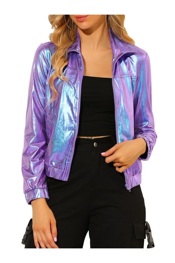 Women's Holographic Shiny Party Long Sleeve Lightweight Zipper Metallic Jacket XL Blue Purple
