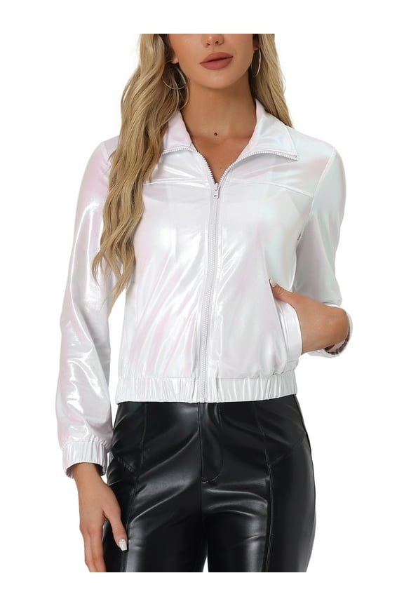 Women's Holographic Shiny Party Long Sleeve Lightweight Zipper Metallic Jacket M White Holographic