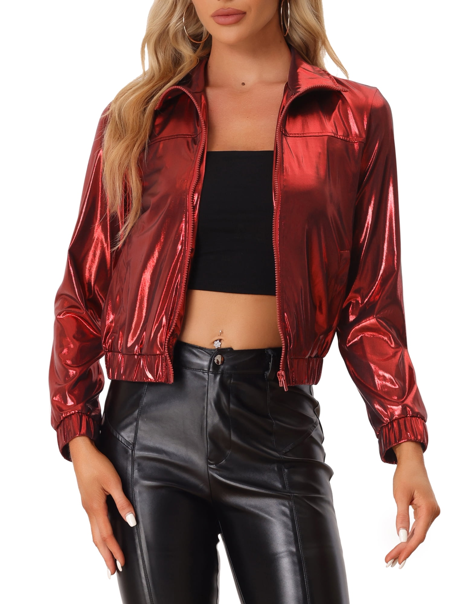 INSPIRE CHIC Women's Holographic Shiny Party Long Sleeve Lightweight Zipper Metallic Jacket XS Dark Red