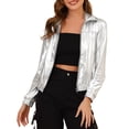 thumbnail image 1 of INSPIRE CHIC Women's Holographic Shiny Party Long Sleeve Lightweight Zipper Metallic Jacket S Silver, 1 of 7
