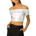 thumbnail image 1 of Allegra K Women's  Metallic Shiny Party Off Shoulder Crop Top, 1 of 7