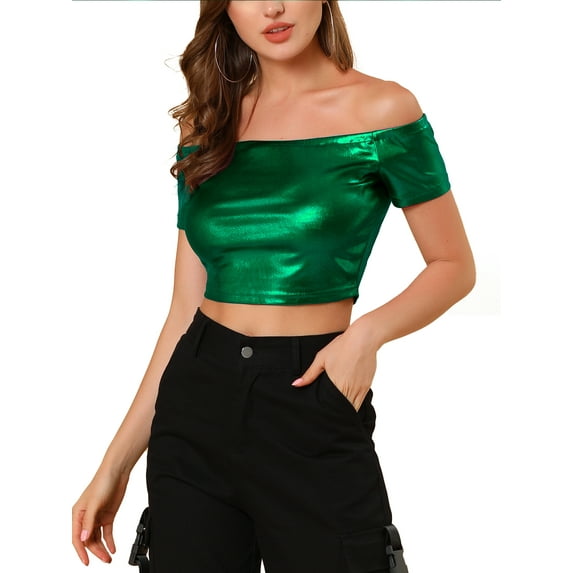INSPIRE CHIC Women's Metallic Shiny Party Off Shoulder Crop Top L Green