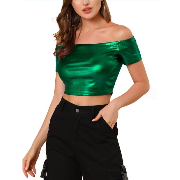 INSPIRE CHIC Women's Metallic Shiny Party Off Shoulder Crop Top M Green