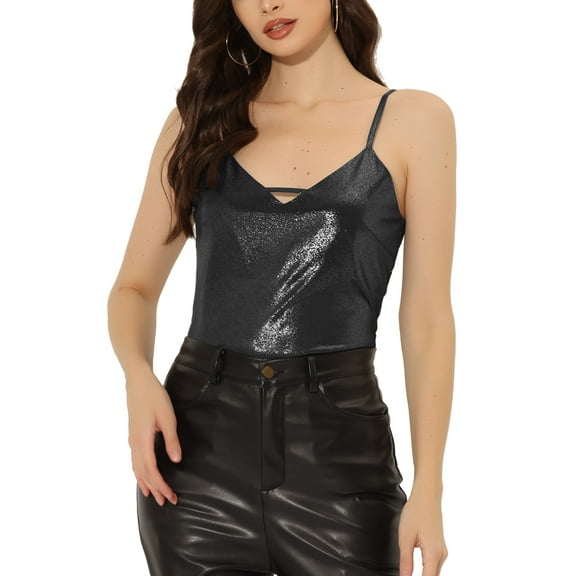 INSPIRE CHIC Women's Metallic Camisole Spaghetti Straps Backless Tank Tops S Black-Glitter