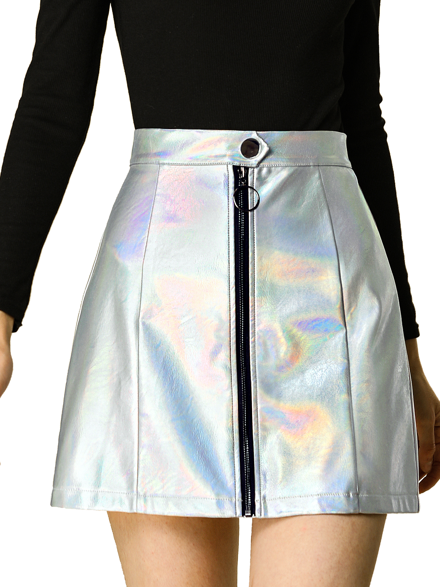 Allegra K Women's Metallic Zipper Front High Waist Holographic Mini Short Skirt - image 1 of 8