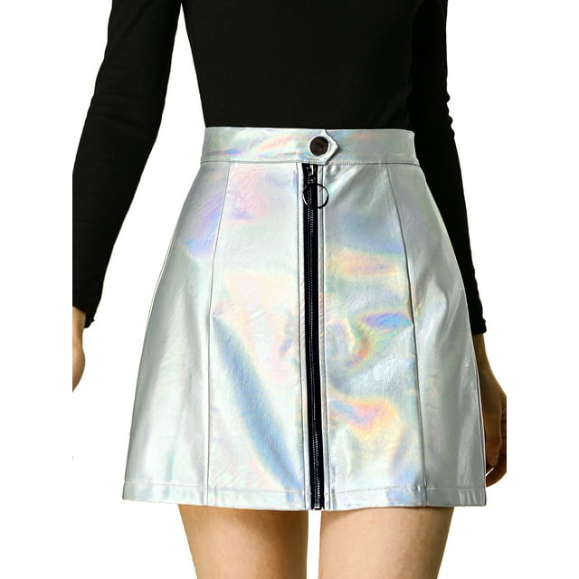 Allegra K Women's Metallic Zipper Front High Waist Holographic Mini Short Skirt