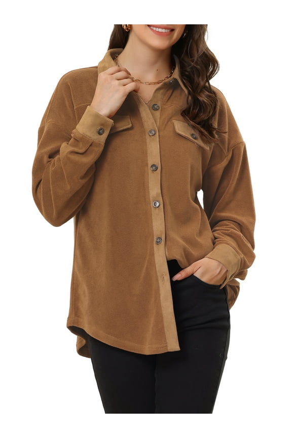 Women's Micro Fleece Fuzzy Jacket Coat Button Down Lapel Warm Winter Lightweight Outwear Shirt Jackets Brown M