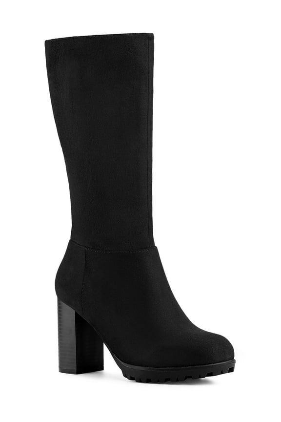Women's Mid-calf Round Toe Block Heel Boots Black 5