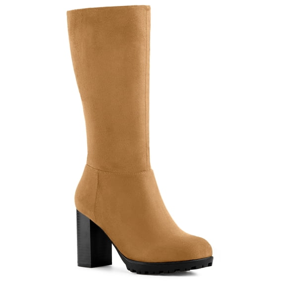 BLISSFUL STEP Women's Mid-calf Round Toe Block Heel Boots Brown 10