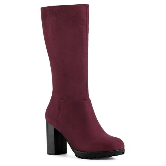 BLISSFUL STEP Women's Mid-calf Round Toe Block Heel Boots Burgundy 7