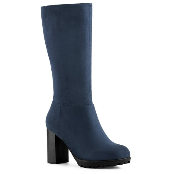 BLISSFUL STEP Women's Mid-calf Round Toe Block Heel Boots Navy Blue 5