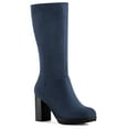 thumbnail image 1 of BLISSFUL STEP Women's Mid-calf Round Toe Block Heel Boots Navy Blue 6, 1 of 7