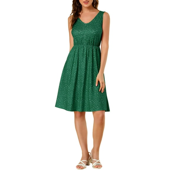 INSPIRE CHIC Women's Midi Polka Dots V-Neck Tie Drawstring Waist Sleeveless Dress L Green