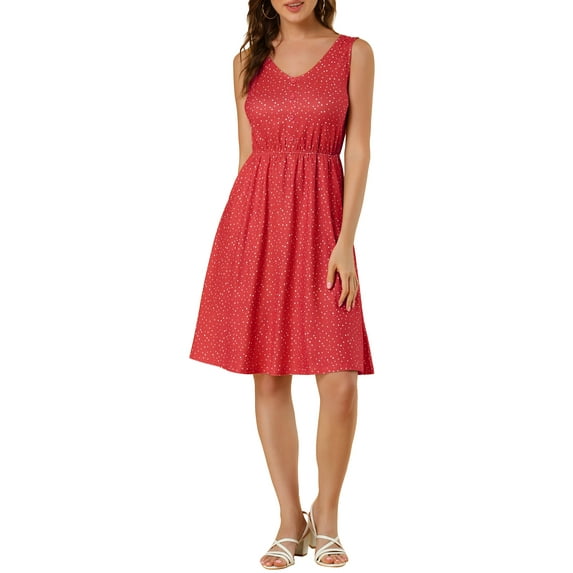 Allegra K Women's Midi Polka Dots V-Neck Tie Drawstring Waist Sleeveless Dress