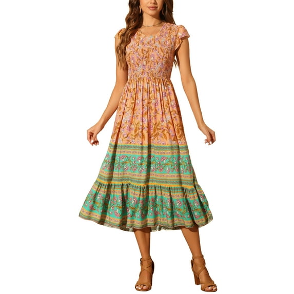 INSPIRE CHIC Women's Midi Ruffled Flutter Sleeve Smocked Boho Floral Dress XS Orange