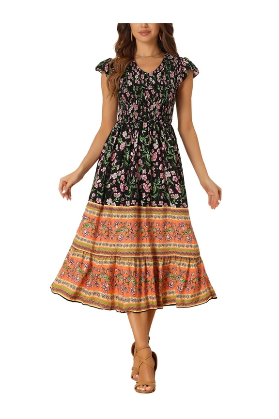 Women's Midi Ruffled Flutter Sleeve Smocked Boho Floral Dress S Black