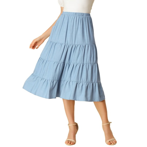 INSPIRE CHIC Women's Midi Skirts Solid Elastic Waist Flare A-Line Tiered Skirt with Pockets M Blue