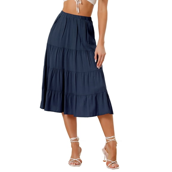 INSPIRE CHIC Women's Midi Skirts Solid Elastic Waist Flare A-Line Tiered Skirt with Pockets M Brown