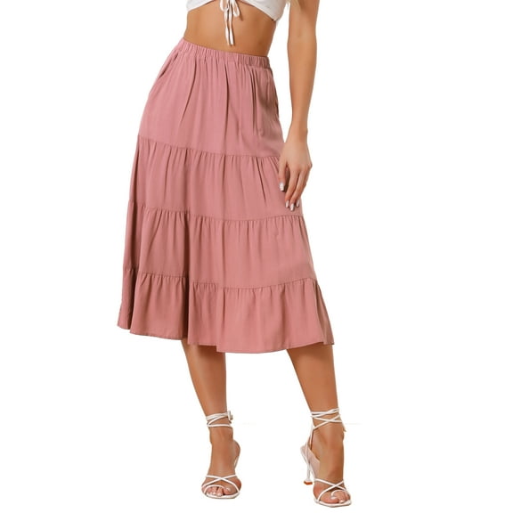 INSPIRE CHIC Women's Midi Skirts Solid Elastic Waist Flare A-Line Tiered Skirt with Pockets M Dark Rose Pink