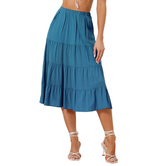 INSPIRE CHIC Women's Midi Skirts Solid Elastic Waist Flare A-Line Tiered Skirt with Pockets M Lake Blue