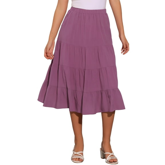 INSPIRE CHIC Women's Midi Skirts Solid Elastic Waist Flare A-Line Tiered Skirt with Pockets M Purple