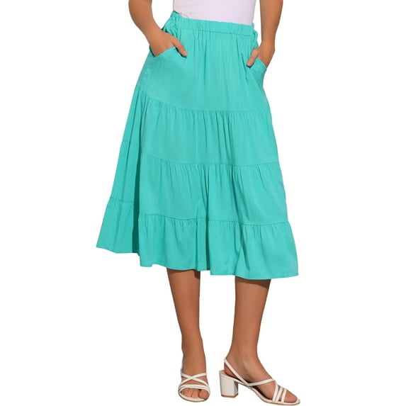 INSPIRE CHIC Women's Midi Skirts Solid Elastic Waist Flare A-Line Tiered Skirt with Pockets M Teal