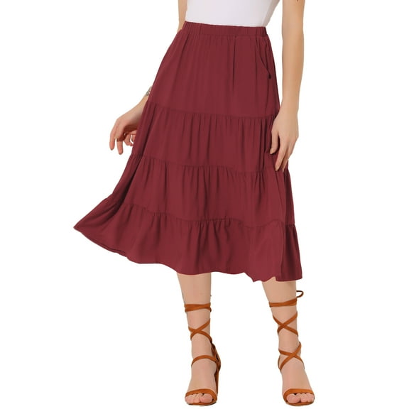 INSPIRE CHIC Women's Midi Skirts Solid Elastic Waist Flare A-Line Tiered Skirt with Pockets M Wine Red
