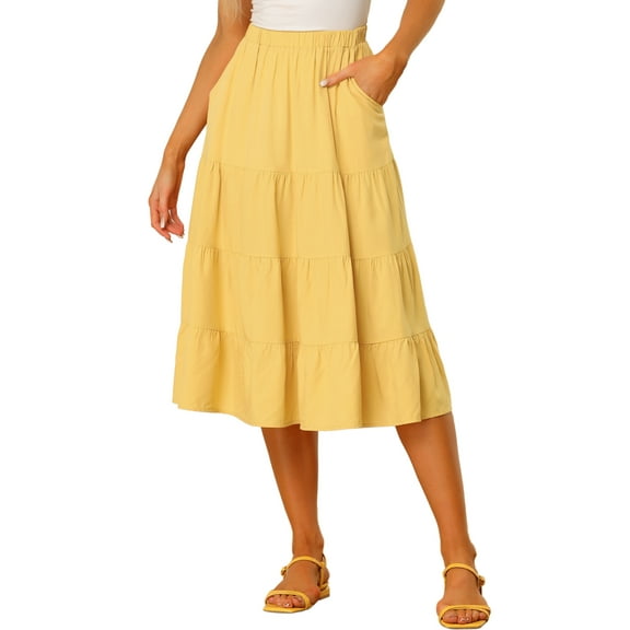 INSPIRE CHIC Women's Midi Skirts Solid Elastic Waist Flare A-Line Tiered Skirt with Pockets M Yellow