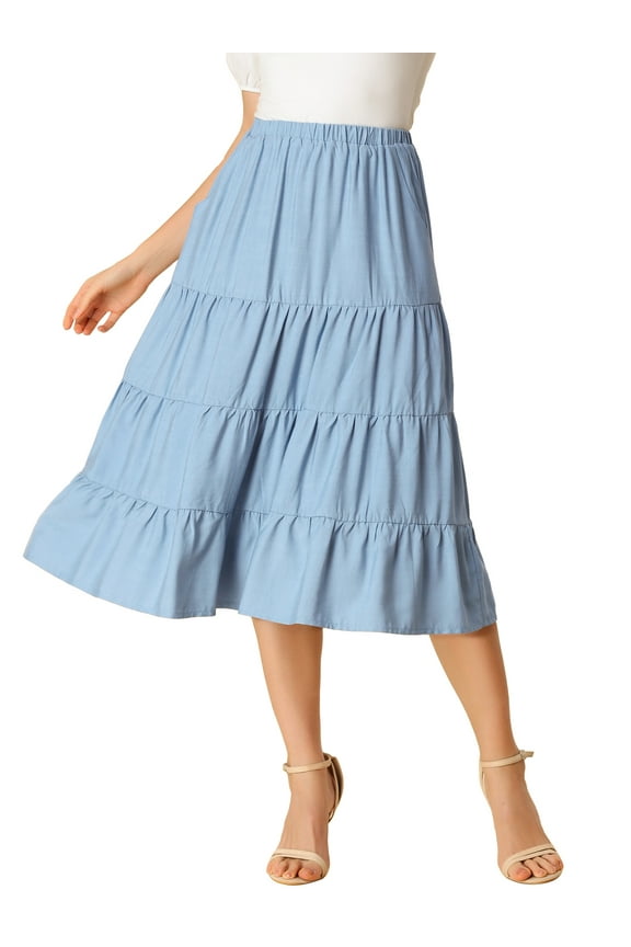Women's Midi Skirts Solid Elastic Waist Flare A-Line Tiered Skirt with Pockets S Blue