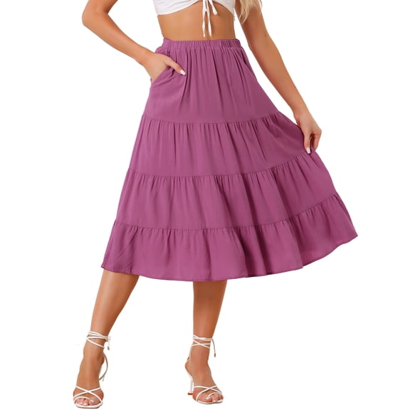 INSPIRE CHIC Women's Midi Skirts Solid Elastic Waist Flare A-Line Tiered Skirt with Pockets S Purple
