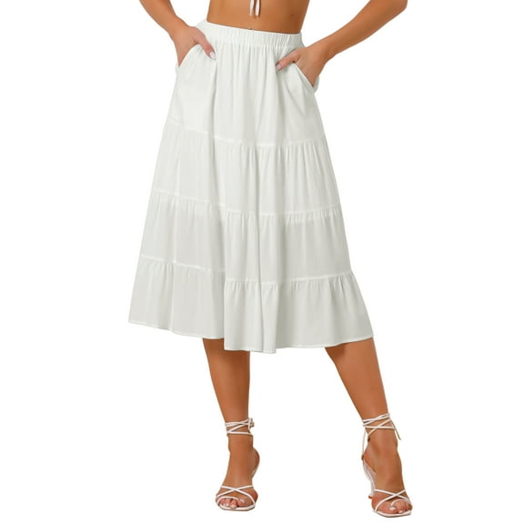 INSPIRE CHIC Women's Midi Skirts Solid Elastic Waist Flare A-Line Tiered Skirt with Pockets XS White